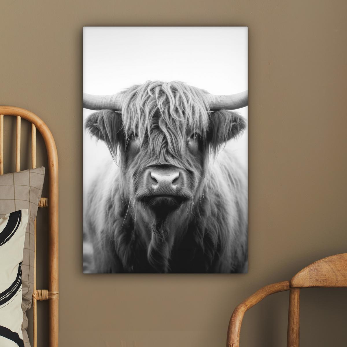 LEINWANDBILD Schottischer Highlander - Nebel - Schwarz - Weiß Wanddeko 40x60 cm - Grau, Textil (40/60cm) - MuchoWow