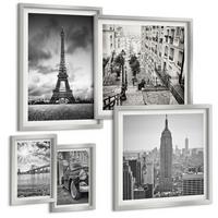 BILDER SET 5er Set - 50x50 cm & 20x30 cm & 40x60 cm Silberner Rahmen - Neonlinienwellen im Hintergrund - Silberfarben, Kunststoff (40/60cm) - TULUP