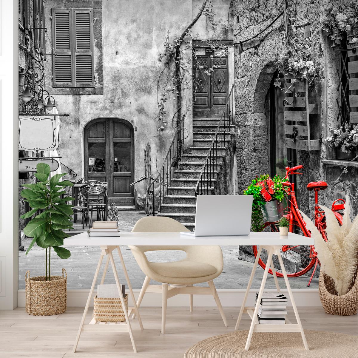 FOTOTAPETE für Wohnzimmer Italienische Gasse Rotes Fahrrad Toskana 400x280 - Rot/Schwarz, Papier (400/280cm) - Muralo