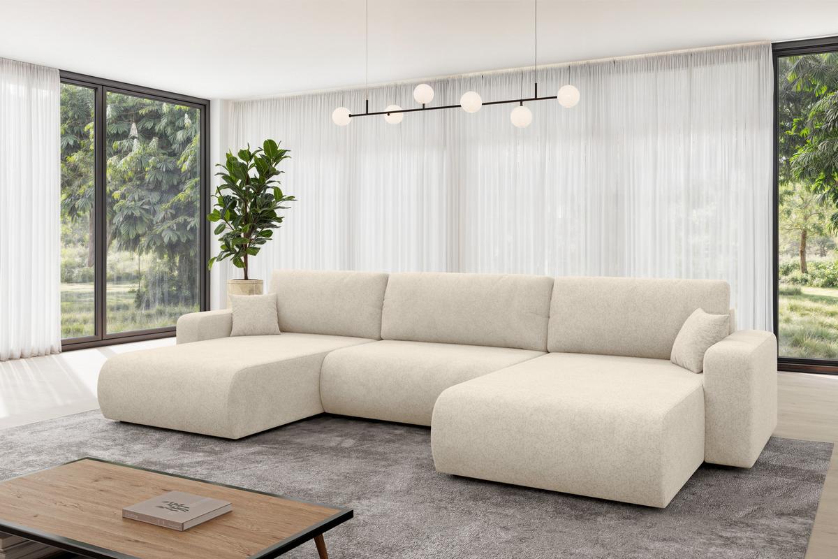 WOHNLANDSCHAFT mit Schlaffunktion und Bettkasten BERY-U 377x193x88 Creme Velours - Creme/Schwarz, Holzwerkstoff/Kunststoff (377/88/193cm) - ALTDECOR