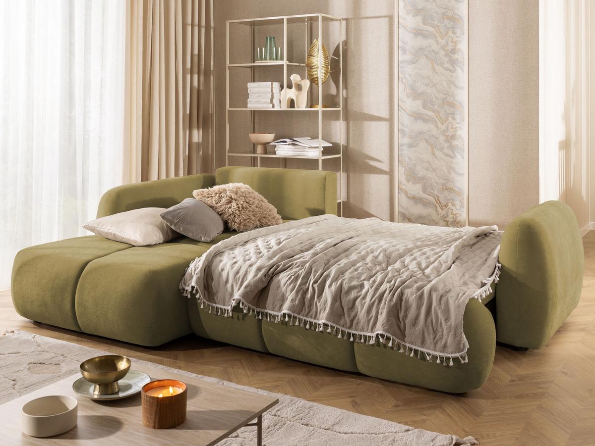 ECKSOFA Loretto aus natürlichem Grün Webstoff mit Schlaffunktion, Bettkasten und tiefen Steppungen in Bubble-Optik - Schwarz/Grün, Holz/Kunststoff (180/275cm) - S-Style