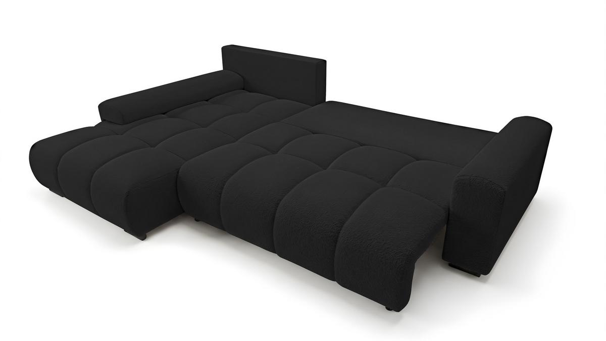 ECKSOFA Ovia mit Bettkasten und Schlaffunktion, Bouclé-Stoff in L-Form - Schwarz, Textil (270/185cm)