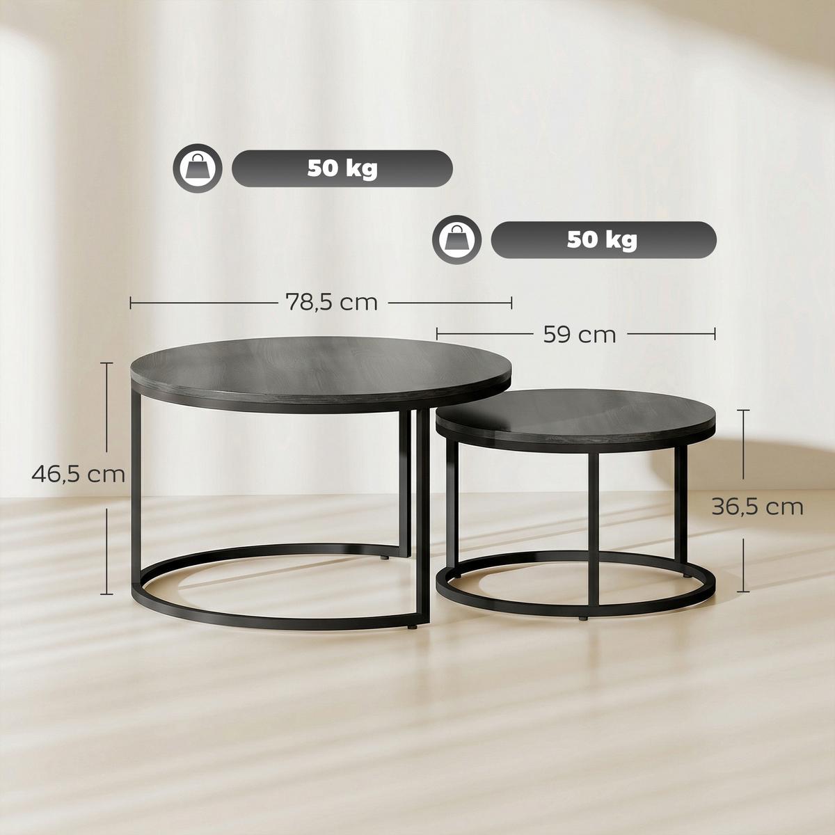 COUCHTISCH 2er Set Metall MDF Schwarz - Schwarz, Metall (78.5/78.5/46.5cm) - HOMCOM