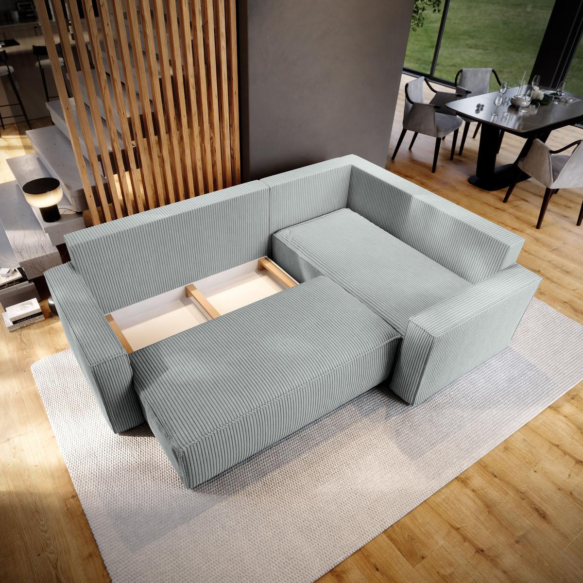 ECKSOFA ESTANO R-S Hellgrau Kordstoff mit Schlaffunktion - Hellgrau, Holz (230/158cm) - MASSENO
