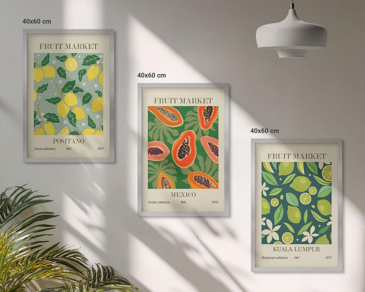 BILDER SET 3er Set - 40x60 cm Silberner Rahmen - Fruchtige Zitronen- und Papayamuster - Silberfarben, Kunststoff (40/60cm) - TULUP