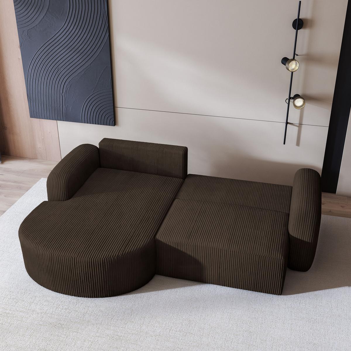 ECKSOFA AMILIA P L-S Braun Kordstoff mit Schlaffunktion - Braun, Holz (263/174cm) - MASSENO