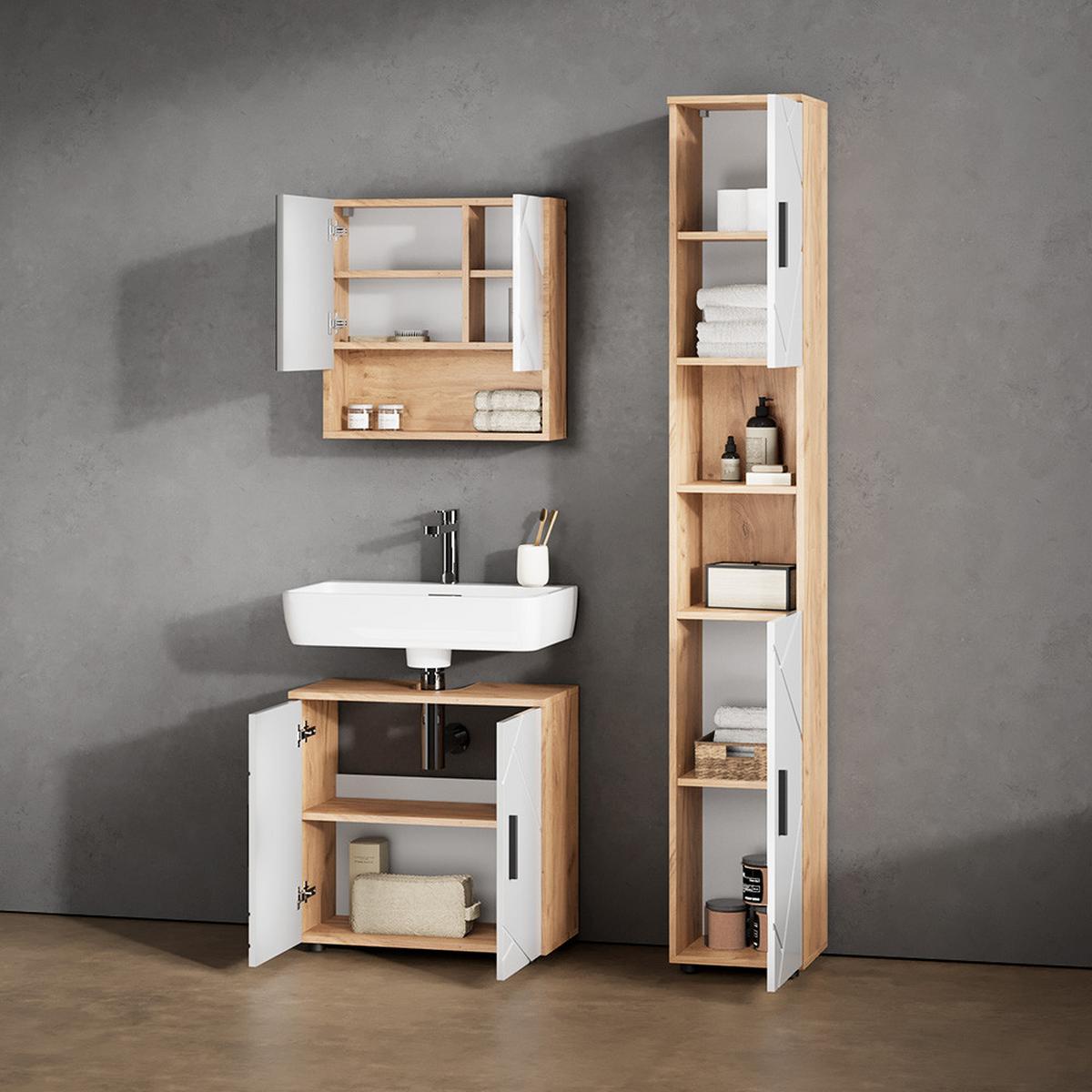 WASCHBECKENUNTERSCHRANK Ronco Weiß Hochglanz/Goldkraft Eiche 60 x 59 cm - Honigeiche/Weiß Hochglanz, Holzwerkstoff (60/59/30cm) - Livinity®
