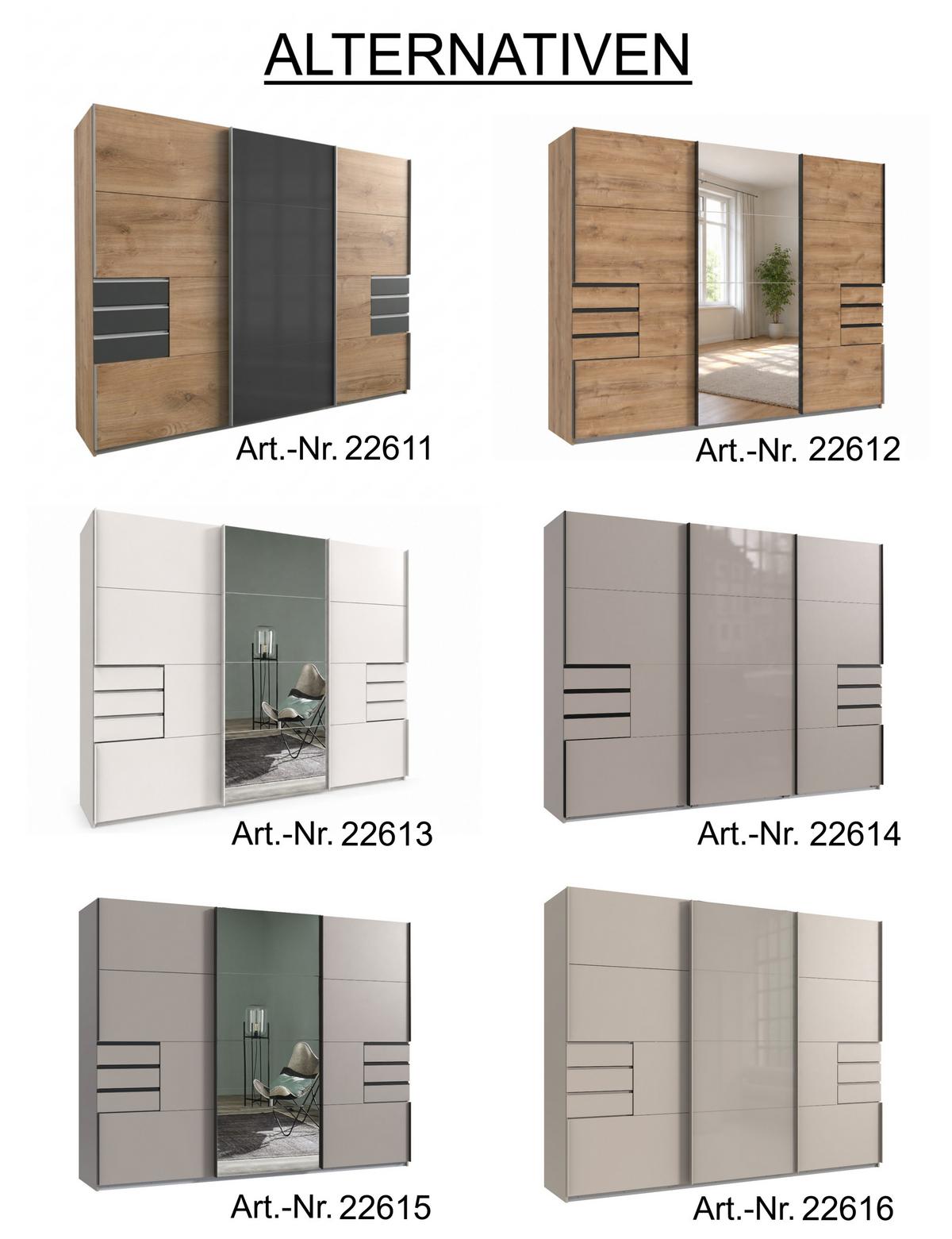 SCHWEBETÜRENSCHRANK 3-türig B270/H208/64 cm, Beige Grau, Mitteltür Glas, Kleiderschrank mit Schubladen & Vollausstattung, / 22616 - Beige, Holzwerkstoff/Metall (270/208/64cm) - luma-home