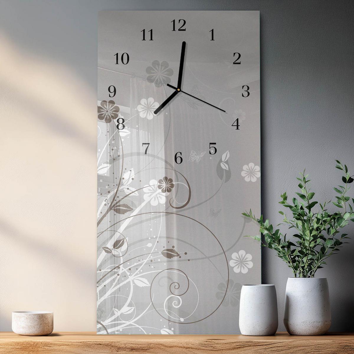 WANDUHR aus Glas 30x60 cm - Blumen - Grau, Glas (30/60/0.4cm) - TULUP