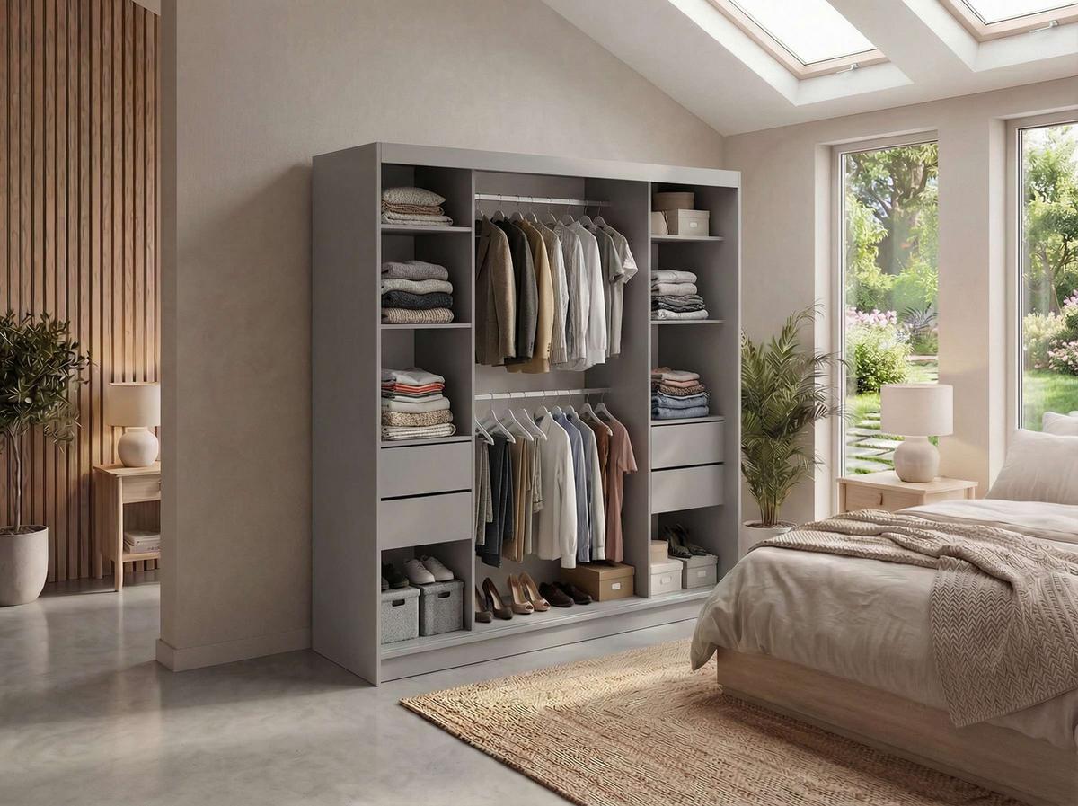 SCHWEBETÜRENSCHRANK mit Spiegel und Schubladen - WALENCJA - 200 - Grau lacobel - Alufarben/Grau, Holzwerkstoff/Metall (200/216/61cm) - MKS