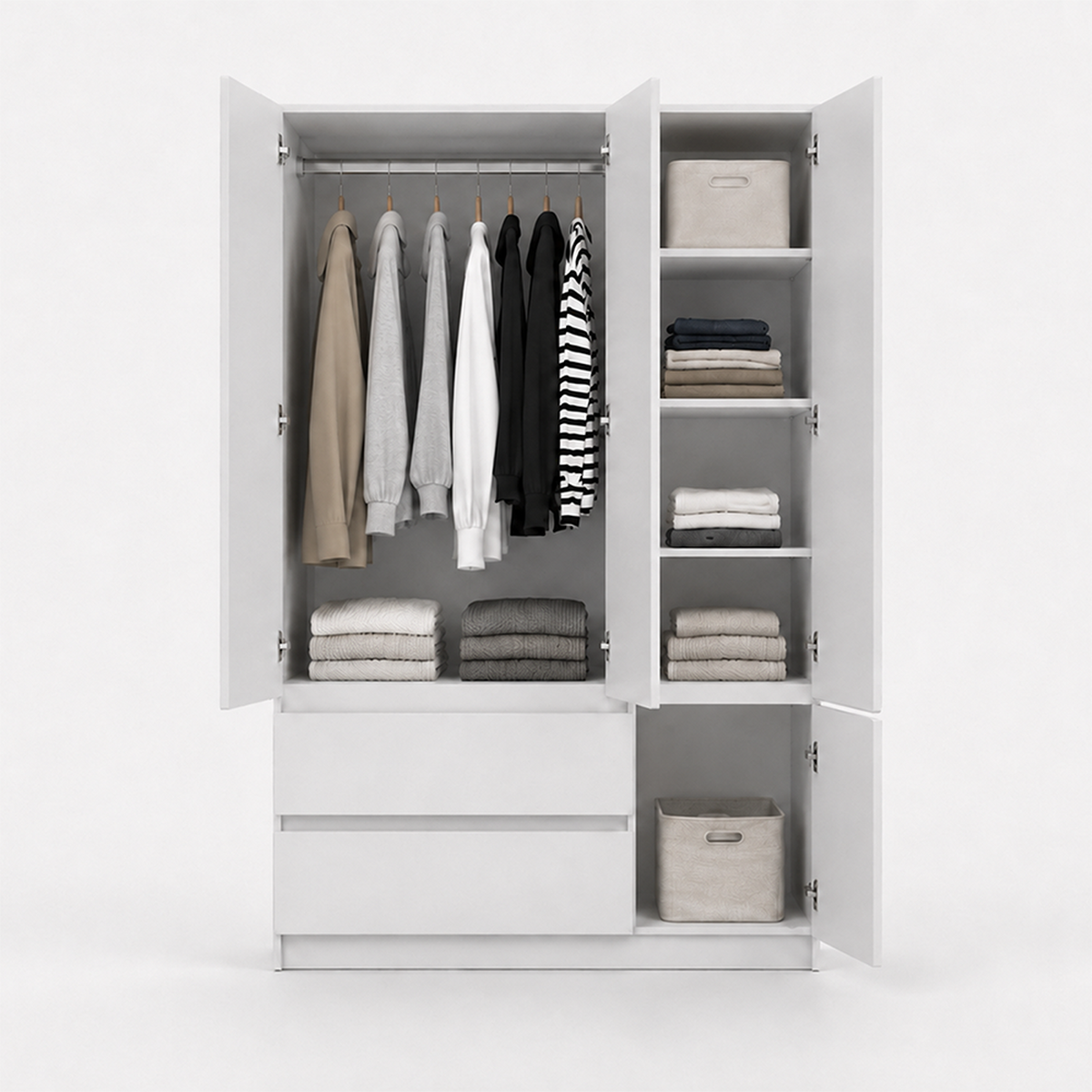 DREHTÜRENSCHRANK SOLO 4D2S, Schlafzimmer, Kleiderschrank Schrank 120 cm Weiß/Weiß, 4-türig, zwei Schubladen, grifflos - Weiß, Holzwerkstoff (120/180/50cm) - imoebel24