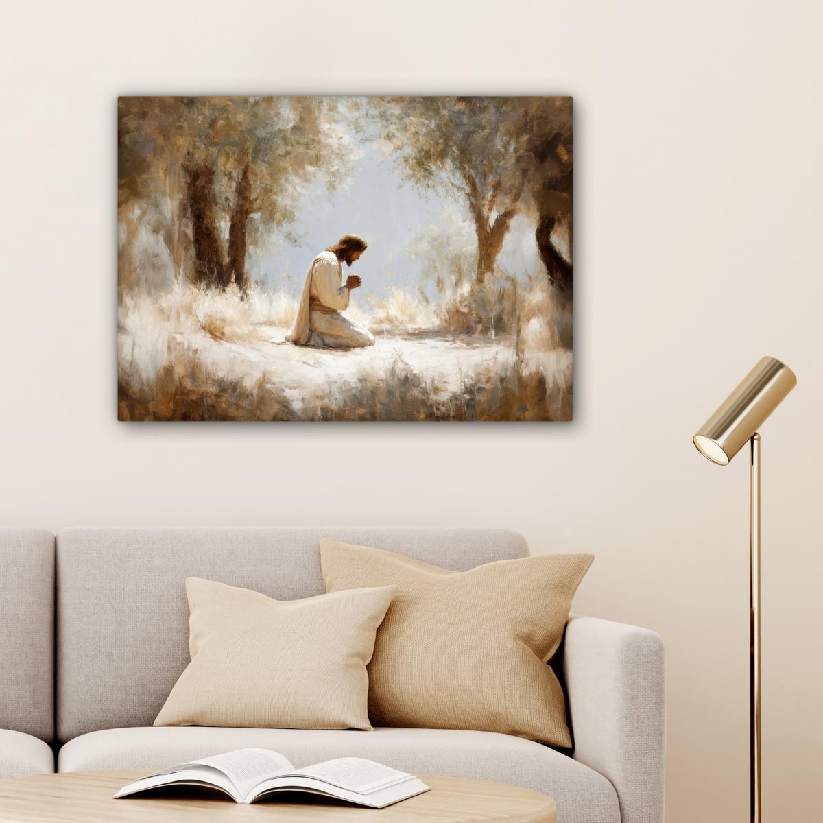 LEINWANDBILD Jesus - Kniend - Waldlandschaft - Betend Wandbilder 80x60 cm - Beige/Hellblau, Textil (80/60cm) - MuchoWow
