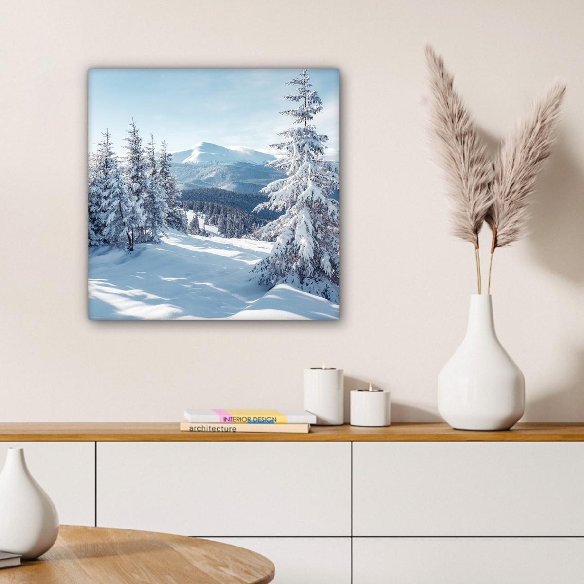 LEINWANDBILD Winterlandschaft - Natur - Berge - Bäume - Schnee Wandbild Wohnzimmer 50x50 cm - Hellblau, Textil (50/50cm) - MuchoWow