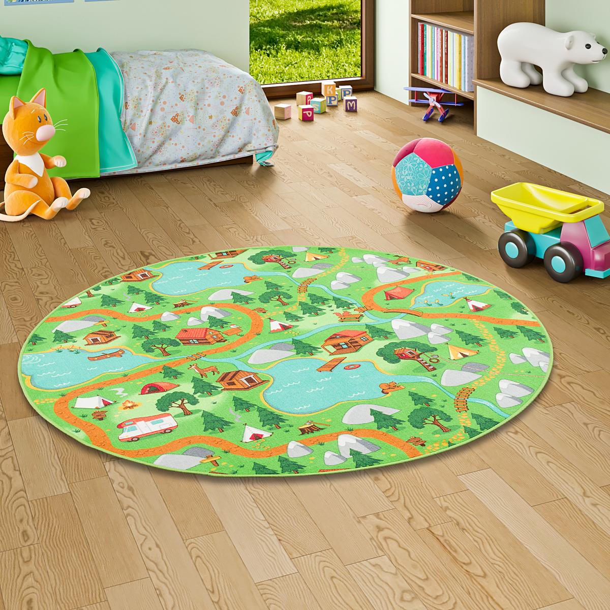 KINDER SPIEL TEPPICH CAMPINGPLATZ RUND - Grün, Textil (160/160cm) - Snapstyle
