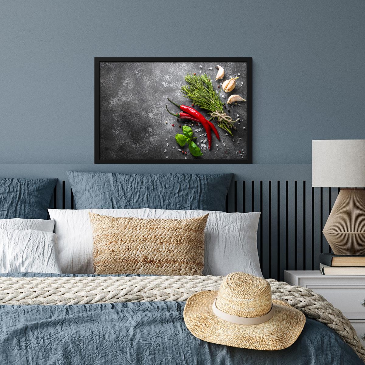 POSTER MIT RAHMENGERAHMTES BILD Pfeffer - Kräuter - Gewürze - Beton 60x40 cm - Dunkelgrau, Papier (60/40cm) - MuchoWow