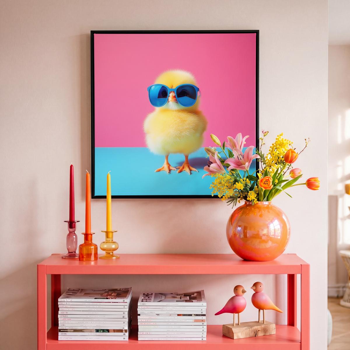 LEINWAND Bilder mit Rahmen - Chick - Sonnenbrille - Blau - 50x50 - Pink, Textil (50/50cm) - MuchoWow