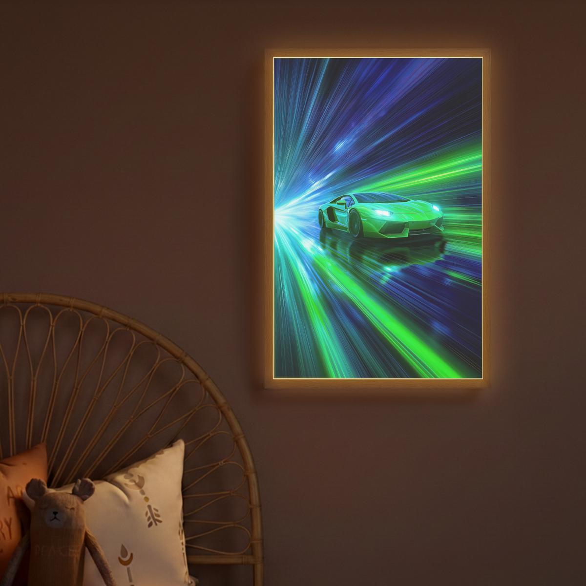 WANDLEUCHTE MIT AKKU Geschwindigkeit - Leicht - Sportwagen - Grün 40x60 cm - Grün, Holzwerkstoff (40/60/8cm) - OnlyWow