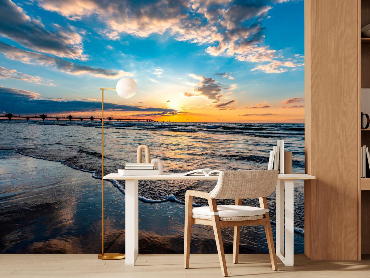 FOTOTAPETE für Wohnzimmer Sonnenuntergang Pier Romantik Meer 100x70 - Blau/Gelb, Papier (100/70cm) - Muralo
