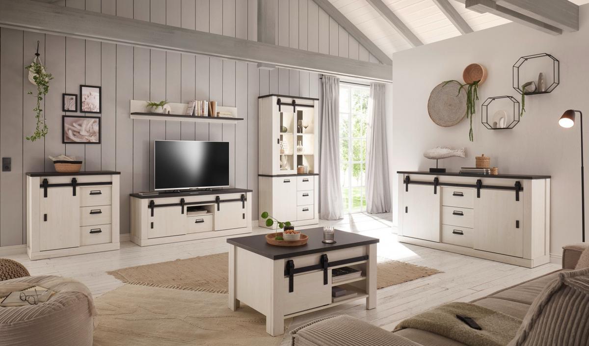 WOHNWAND weiß Pinie, anthrazit Landhaus, Wohnkombination 3-teilig 314 cm - Anthrazit/Weiß, Holzwerkstoff/Metall (314/201/43cm) - Furn.Design