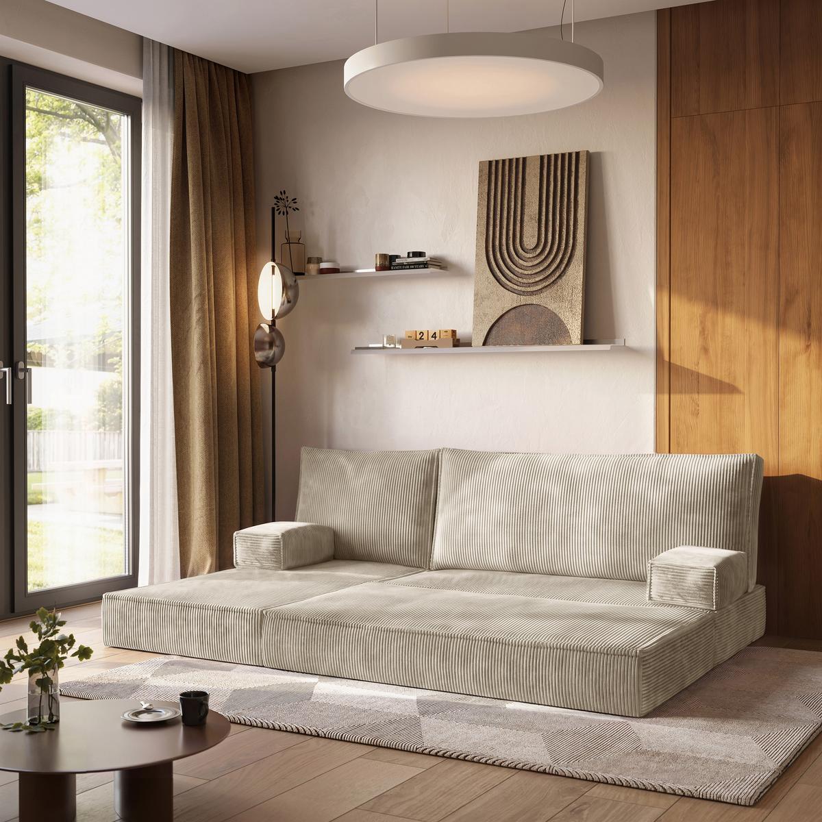 ECKSOFA NOTIA modulares Boneless Sofa mit Schlaffunktion Creme Kordstoff - Creme, Textil (200/120cm) - MASSENO