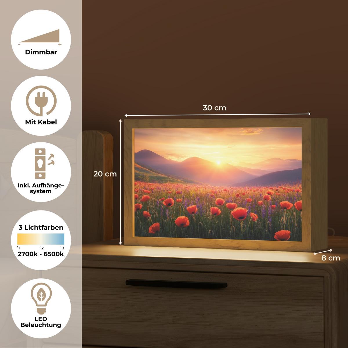 WANDLEUCHTE Landschaft - Sonnenuntergang - Blumenfeld 30x20 cm - Rot, Holzwerkstoff (30/20/8cm) - OnlyWow