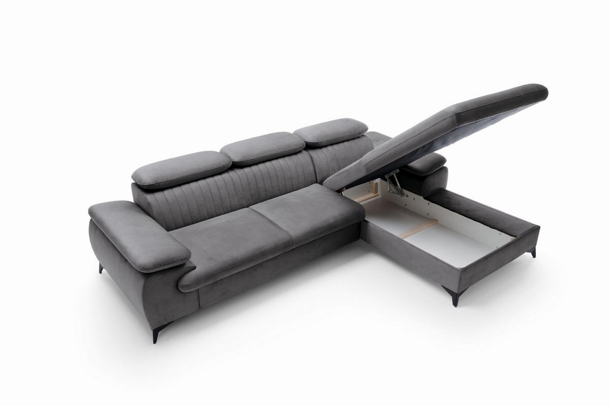 ECKSOFA FIORE Grau Velours-Stoff mit Schlaffunktion - Grau, Holz (280/193cm) - MASSENO