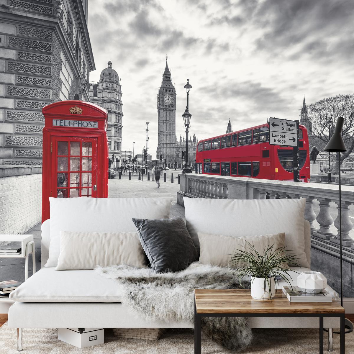 FOTOTAPETE für Wohnzimmer Rote Telefonzelle London Monument BIG BEN Bus 150x105 - Rot/Weiß, Papier (150/105cm) - Muralo