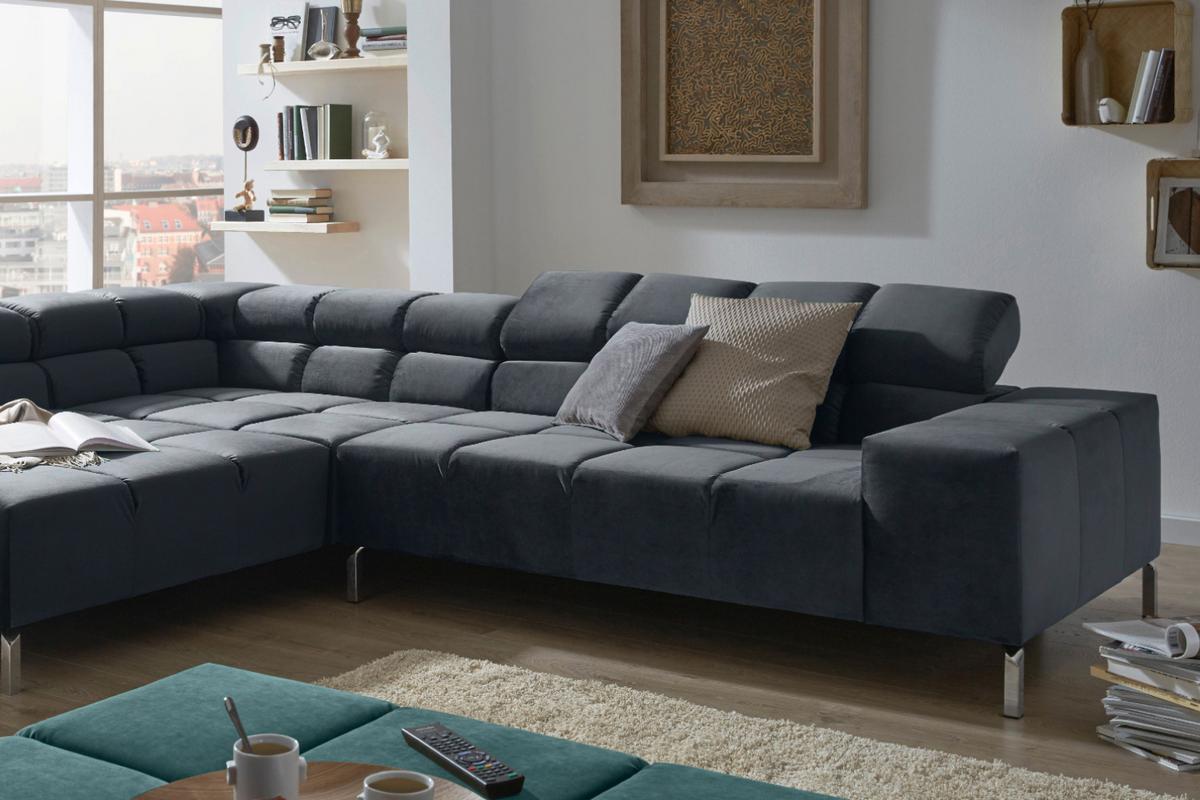 ECKSOFA MIT MOTORISCHEM SITZVORZUG NELSON Schwarz Velvet Relaxfunktion - Silberfarben/Schwarz, Textil (321/216cm) - KAWOLA