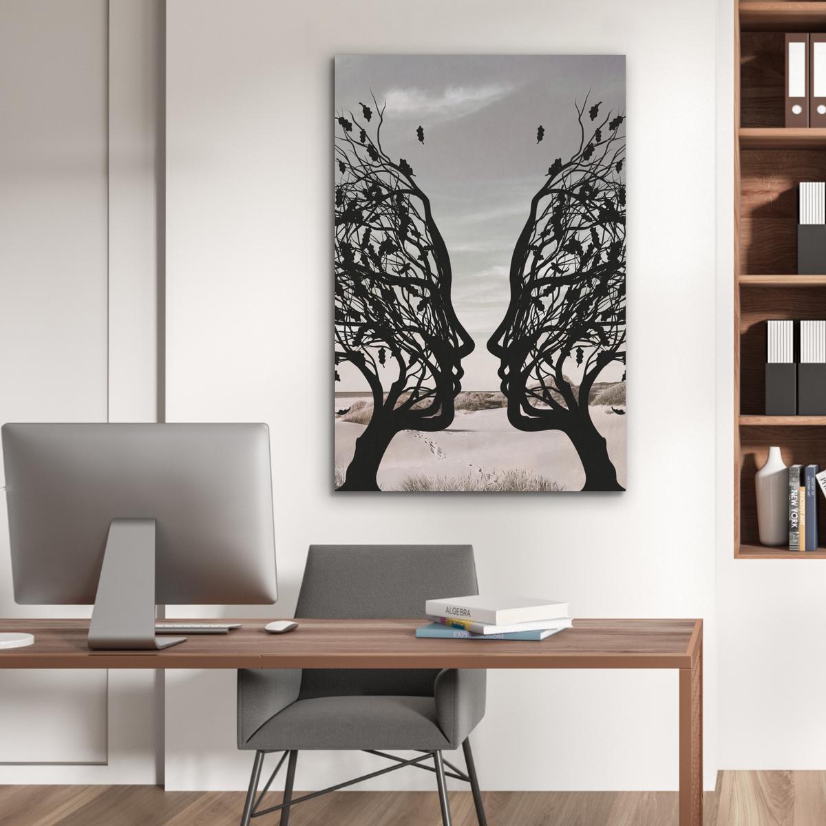 AKUSTIKBILD Strand - Meer - Menschen - Baum - Moderne Kunst Wanddeko 70x100 cm - Hellgrau, Kunststoff (70/100/0.9cm) - MuchoWow