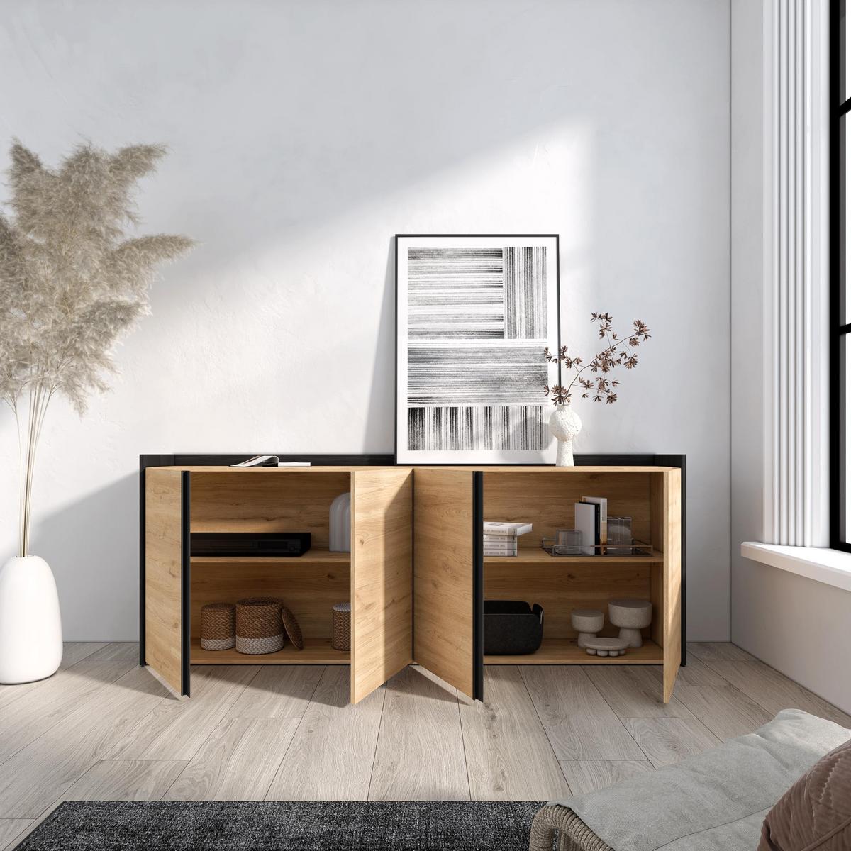 SIDEBOARD, 4 Türen, Eiche und Schwarz, 207/35/80cm - Beige, Holzwerkstoff (207/80/35cm) - Skraut Home