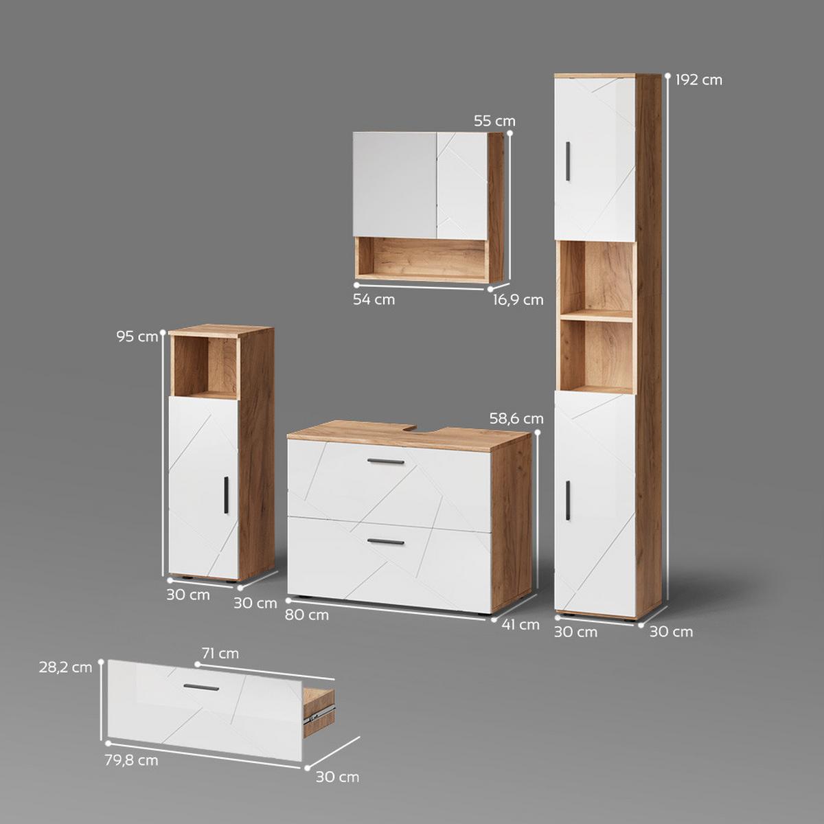 BADMÖBEL-SET Ronco Weiß Hochglanz/Goldkraft Eiche 4 Teile, mit Schubladenschrank und Hochschrank - Honigeiche/Weiß Hochglanz, Holzwerkstoff (80/58/41cm) - Livinity®