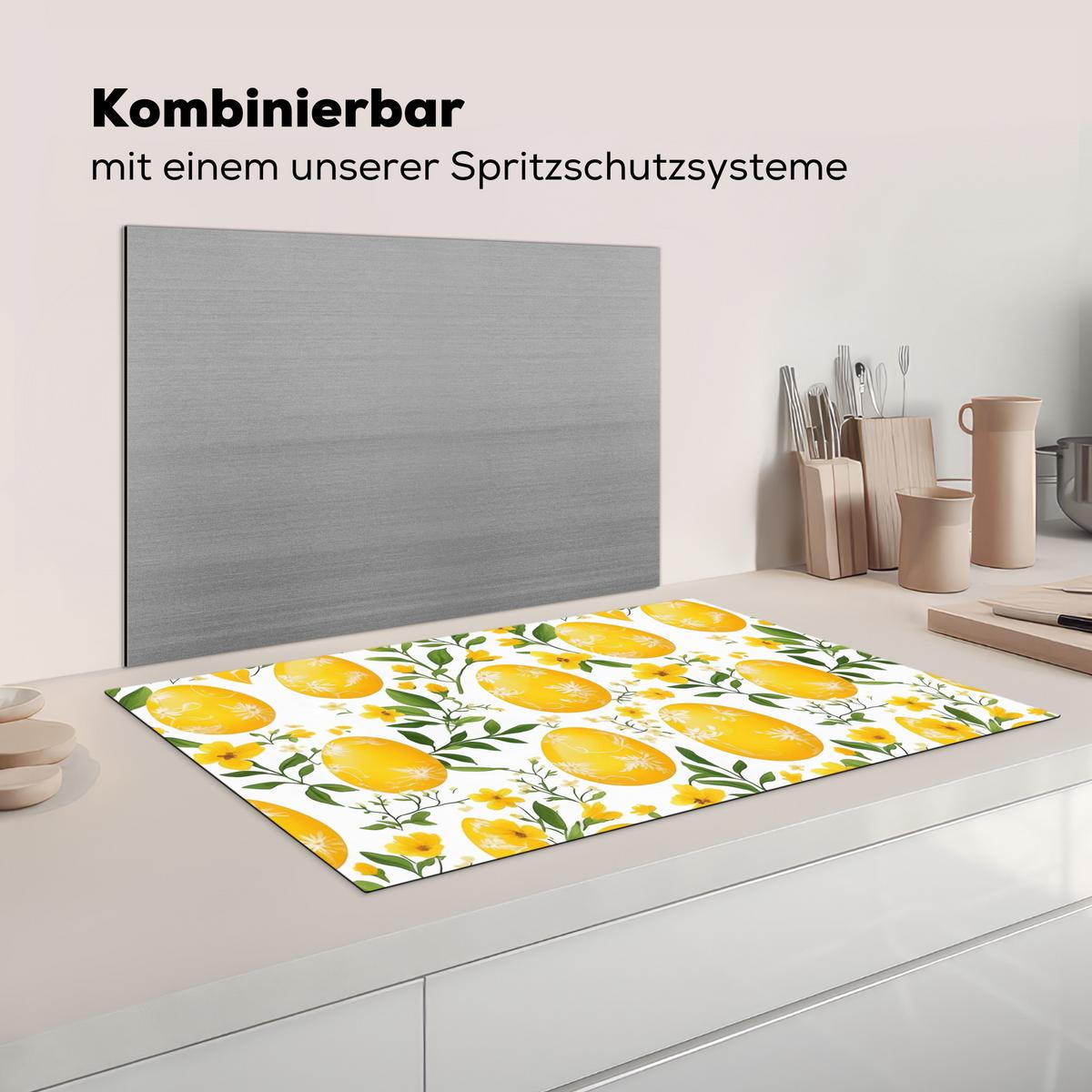 HERDABDECKPLATTE Blumen - Ostereier - Gelb Induktionsmatte 83x51 cm - Gelb, Kunststoff (83/51.5/0.2cm) - MuchoWow