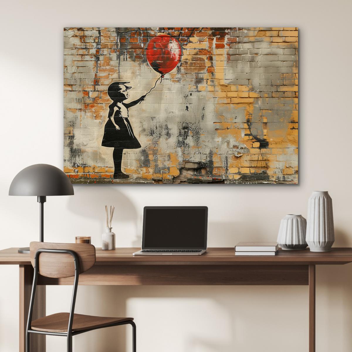 METALLBILD Graffiti - Banksy - Mädchen - Straßenkunst Deko Groß 120x80 cm - Sandfarben, Metall (120/80cm) - MuchoWow