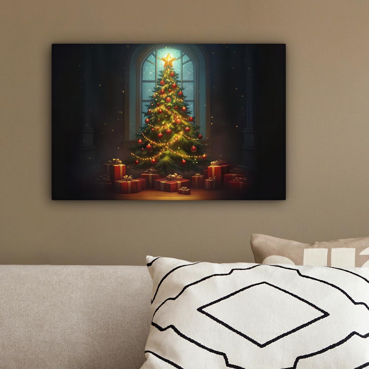 LEINWANDBILD Weihnachtsbaum - Geschenk - Winter Deko Schlafzimmer 30x20 cm - Grün, Textil (30/20cm) - MuchoWow