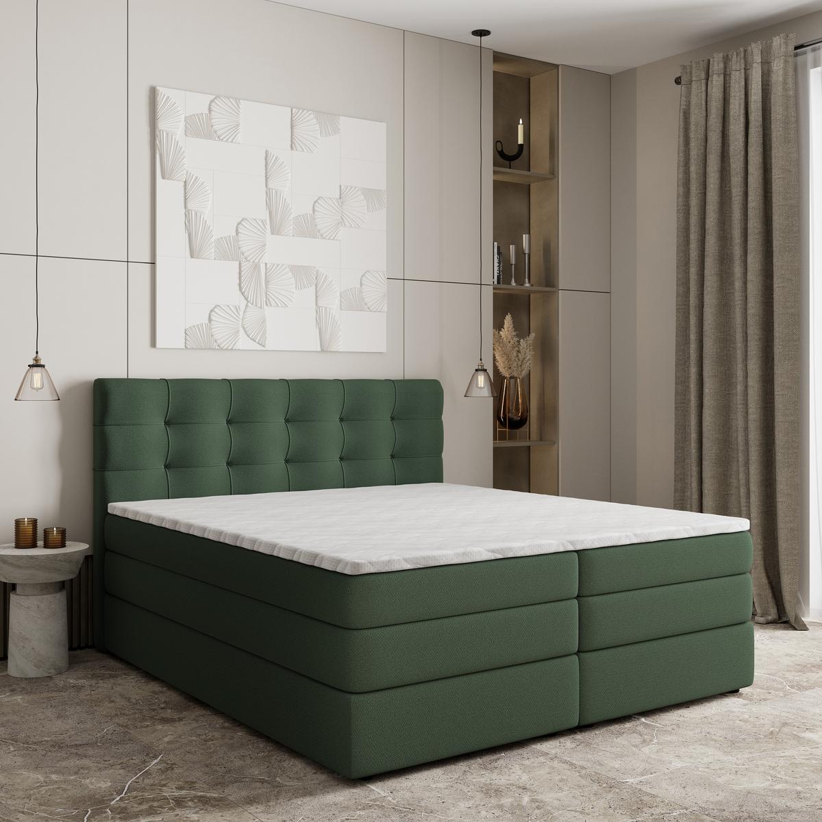 BOXSPRINGBETT AREZI 160x200 cm mit Matratze und Topper - Grün - Grün, Holz (160/200cm) - MASSENO