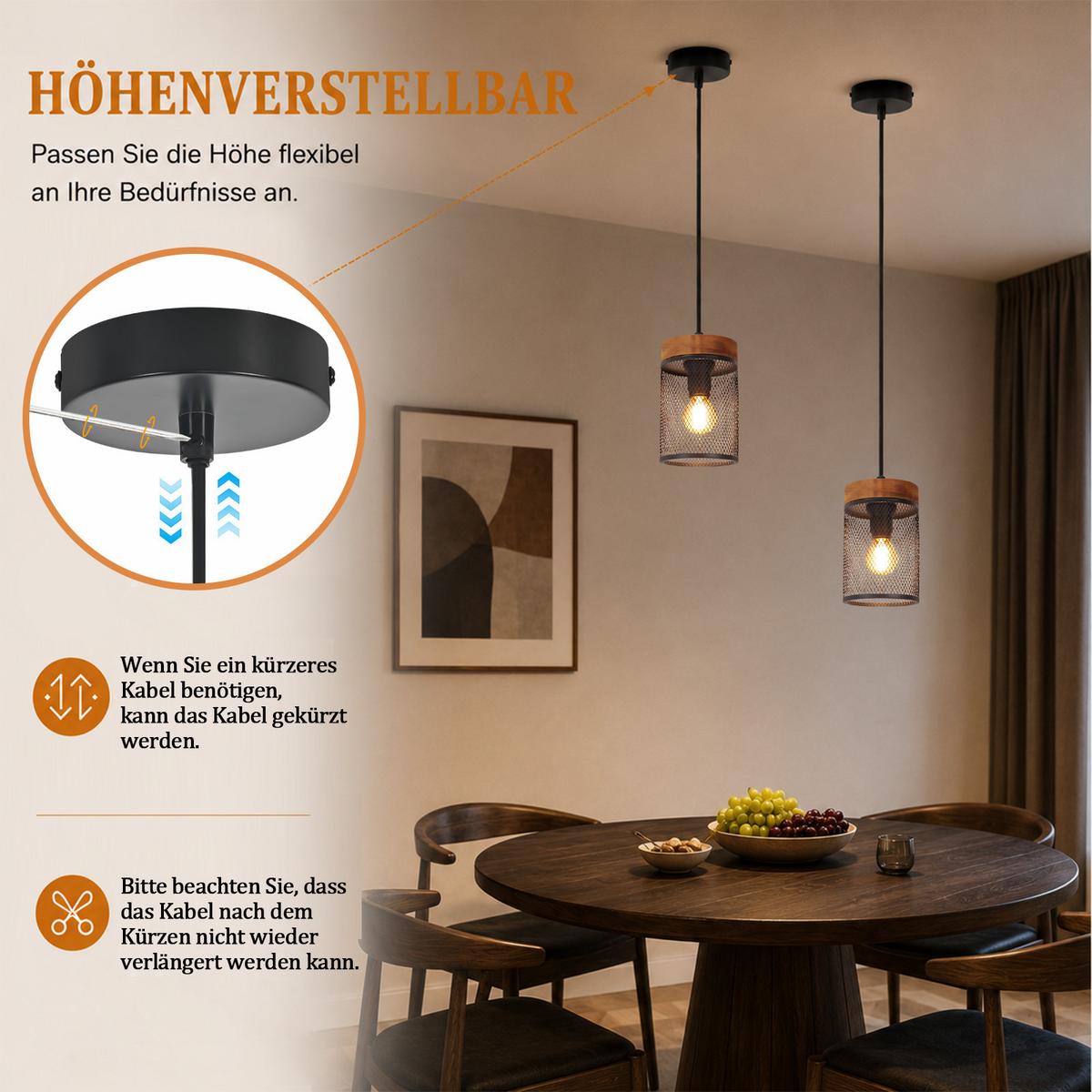 PENDELLEUCHTE Ylenli 10/10/150 cm - Schwarz, Holz/Metall (10/10/150cm) - ZMH