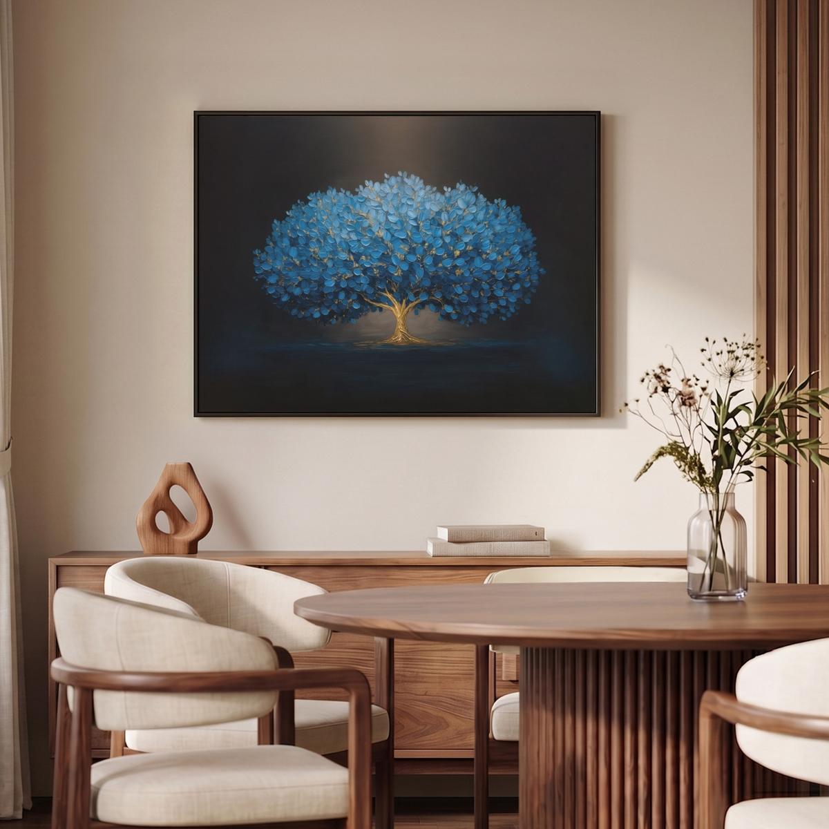 LEINWAND Bilder mit Rahmen - Baum - Blau - Blätter - Pinselstriche - 100x70 - Blau, Textil (100/70cm) - MuchoWow