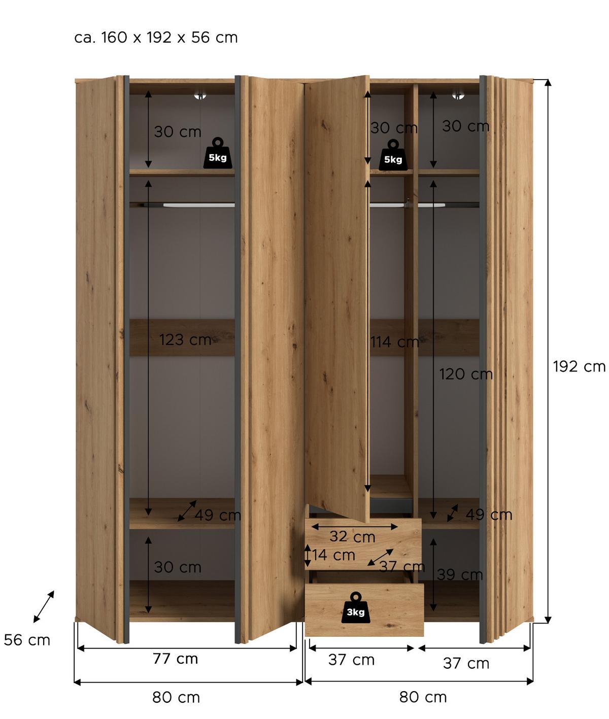 KLEIDERSCHRANK Eiche Artisan, grau 160 x 192 cm, Drehtürenschrank 4-türig - Anthrazit/Eiche Artisan, Holzwerkstoff (160/192/56cm) - Inn.Furn