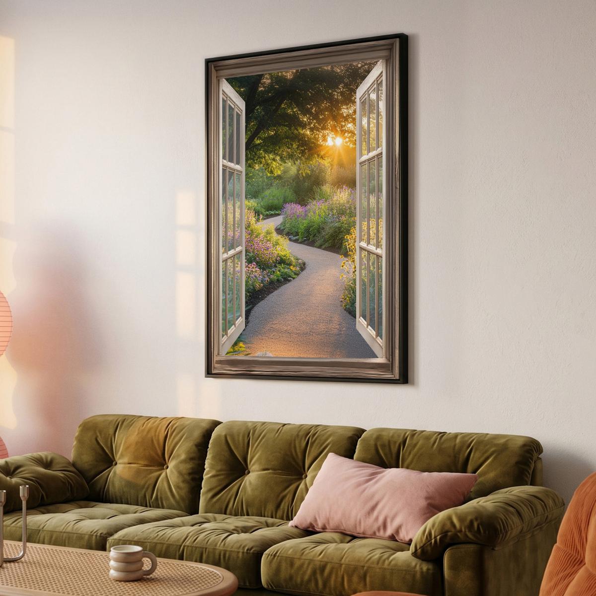 LEINWAND Bilder mit Rahmen - Aussicht - Blumen - Natur - Sonne - Weg - 80x120 - Hellgelb, Textil (80/120cm) - MuchoWow
