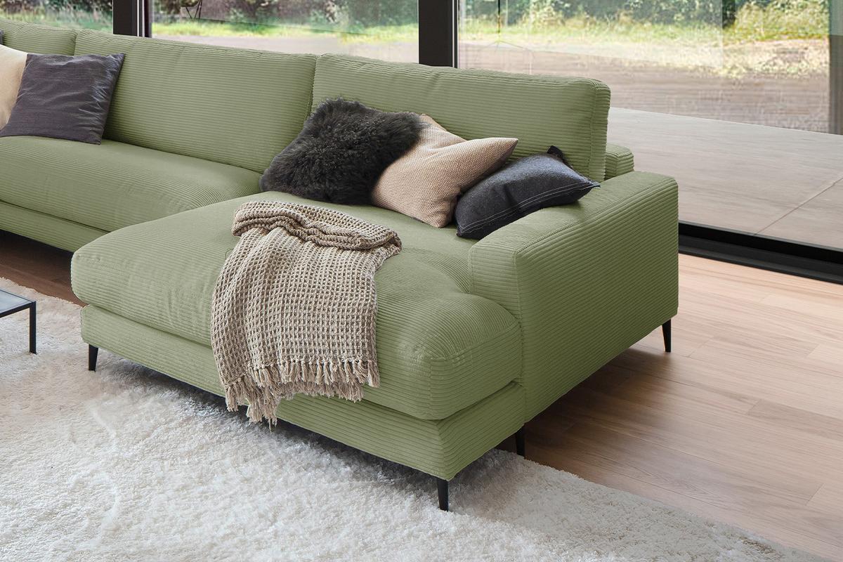 WOHNLANDSCHAFT CARA Grün Cord - Schwarz/Olivgrün, Textil (341/84/223cm) - KAWOLA