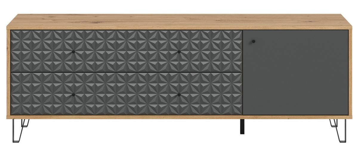 TV-LOWBOARD grau, Eiche Artisan 164 x 56 cm, TV Unterteil mit 3D-Struktur - Schwarz/Eiche Artisan, Holzwerkstoff/Kunststoff (164/56/40cm) - Inn.Furn