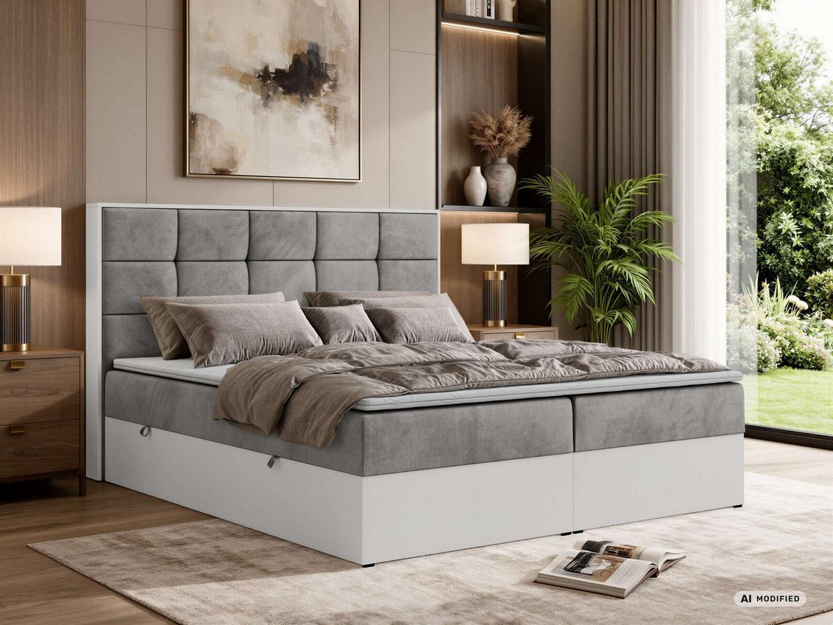 BOXBETT ALVIT 140/200 - Hellgrau Velvet - Topper Visco - H4 - Hellgrau/Schwarz, Kunststoff/Textil (140/200cm) - MKS