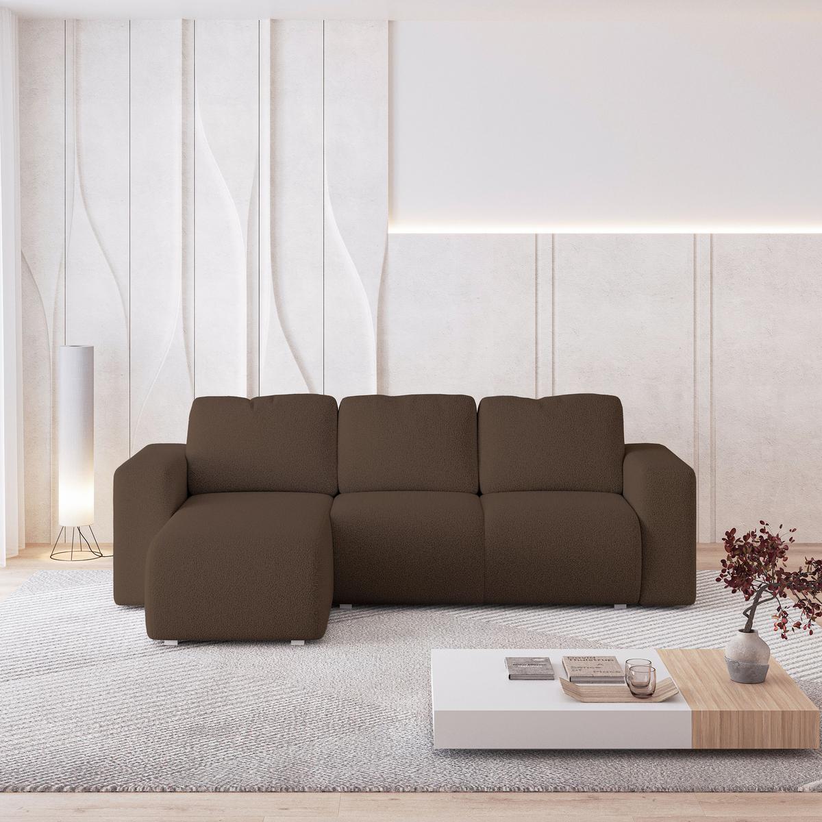 ECKSOFA RINOVA Braun Boucle-Stoff mit Schlaffunktion - Braun, Holz (250/143cm) - MASSENO