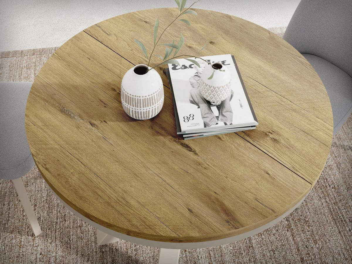 ESSTISCH Clara grau-beige runder ausziehbarer, Lancelot Eiche 120-200/120/76 cm - Greige/Eichefarben, Holzwerkstoff/Metall (120/196/76cm) - WFL GROUP