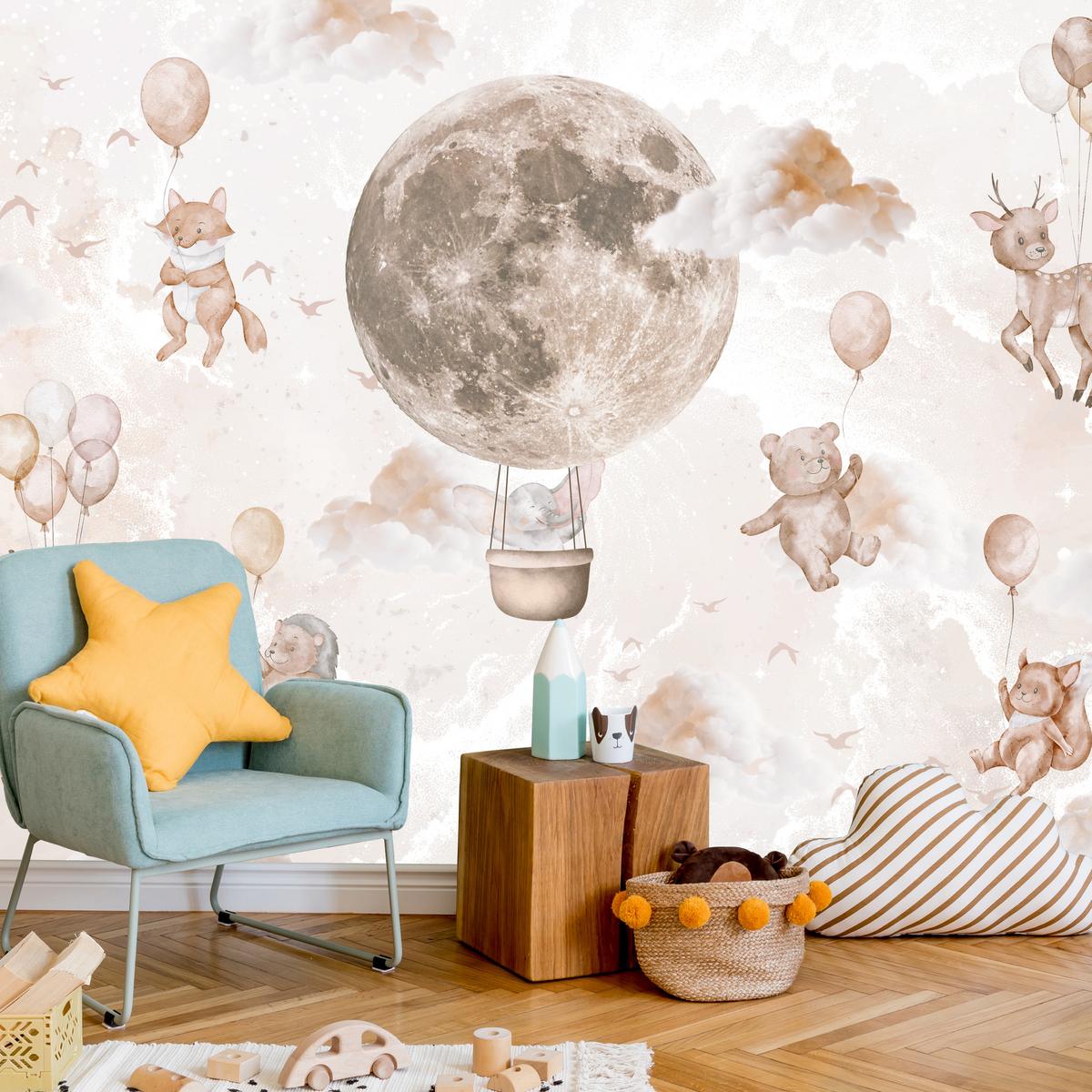 FOTOTAPETE für Kinderzimmer Mond Ballons Bär Rehkitz Giraffe Wolken 500x350 - Beige/Rosa, Papier (500/350cm) - Muralo
