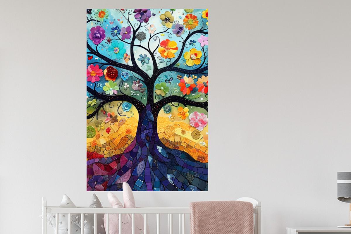 WANDTATTOO Kunst - Baum des Lebens - Blumen - Hippie Wandaufkleber 80x120 cm - Dunkelblau, Kunststoff (80/120/0.1cm) - MuchoWow