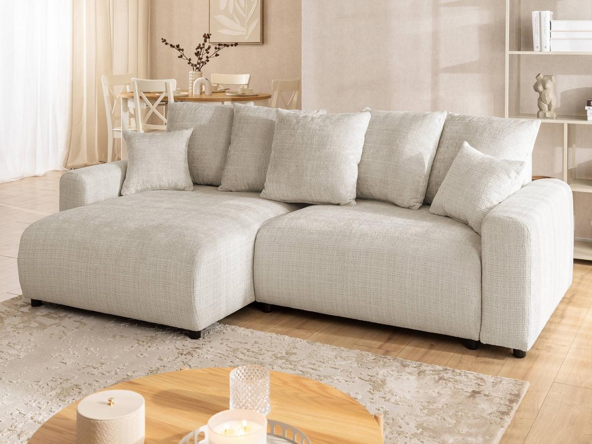 ECKSOFA Calma mit Schlaffunktion und Bettkasten im Bumpy-Design aus weichem Beige Chenille-Stoff - Ottomane links - Beige/Schwarz, Holz/Kunststoff (140/239cm) - S-Style Möbel
