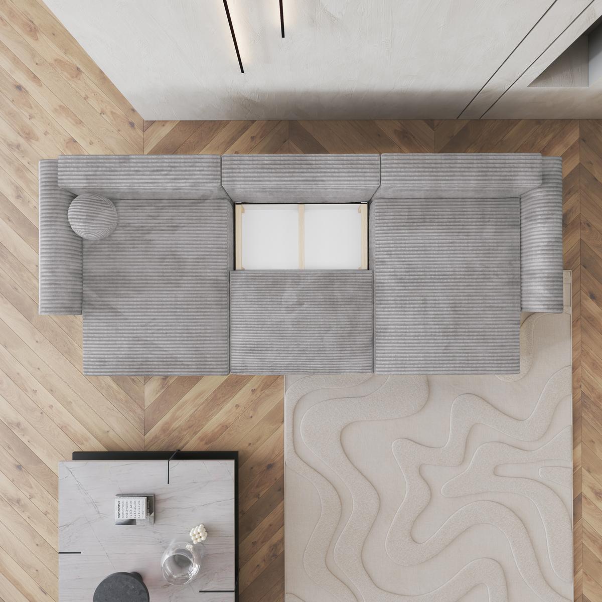 WOHNLANDSCHAFT FENTO Hellgrau Kordstoff mit Schlaffunktion - Hellgrau, Holz (347/90/148cm) - MASSENO