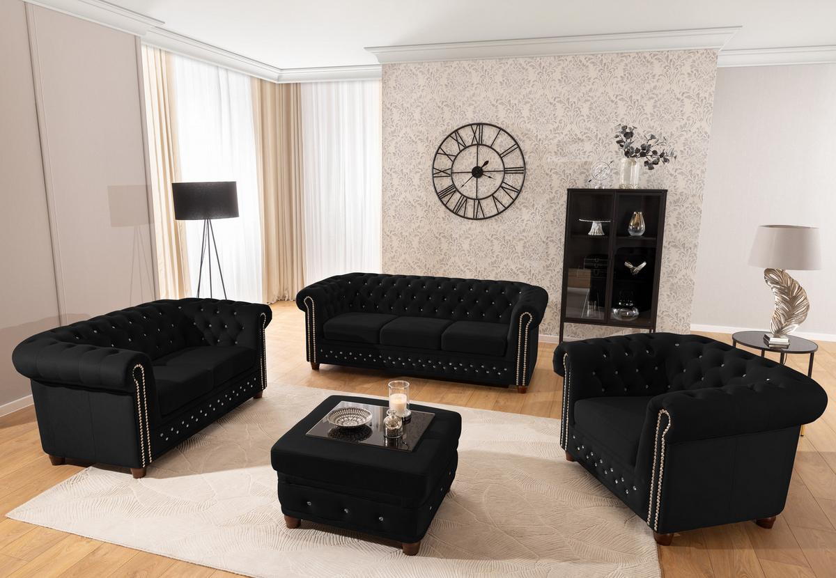 HOCKER Chesterfield Cleo Blink Schwarz Samt mit Kristallsteppung und braunen Massivholzfüßen - Schwarz/Braun, Holz/Textil (75/45/70cm) - S-Style Möbel