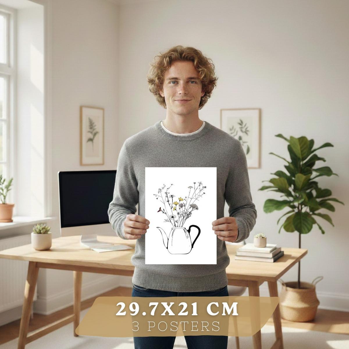 POSTER 3er Set Blumen in Kaffeekanne Wandbilder Mokkakanne Teekanne Tasse Strichzeichnung Küche Deko Rahmenlos A3 - Klar, Papier (29.7/1/42cm) - Nacnic